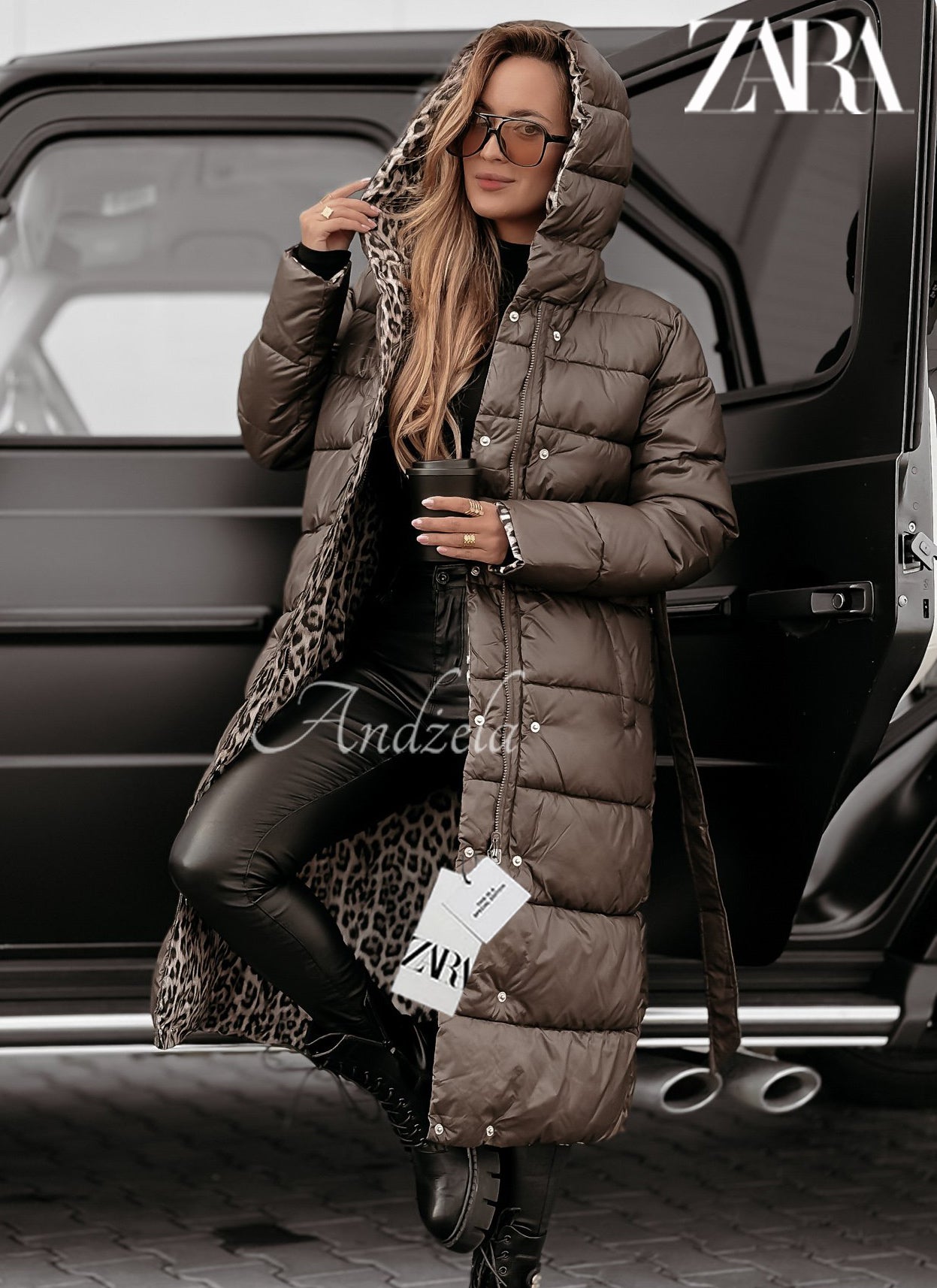 Divatos és meleg, kétoldalas hosszú kabát leopárdmintával