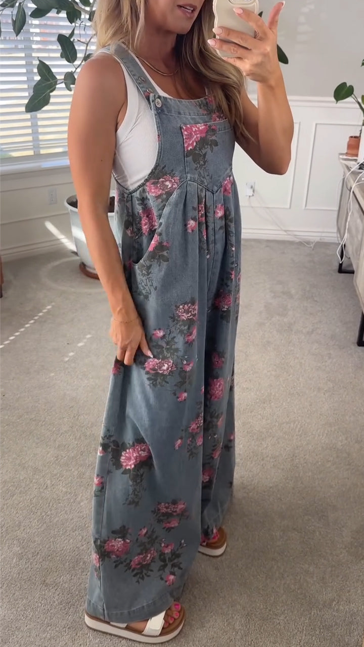 Női nyári lezser nyomtatott zsebes farmer overál