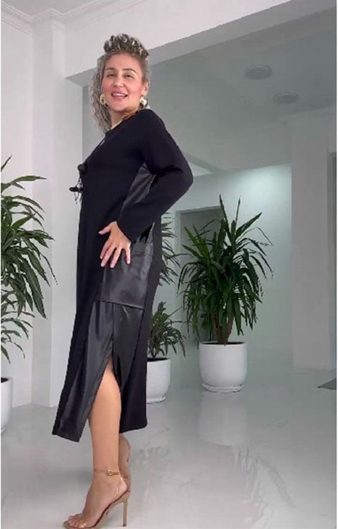 Női bő bőr patchwork ruha zsebekkel