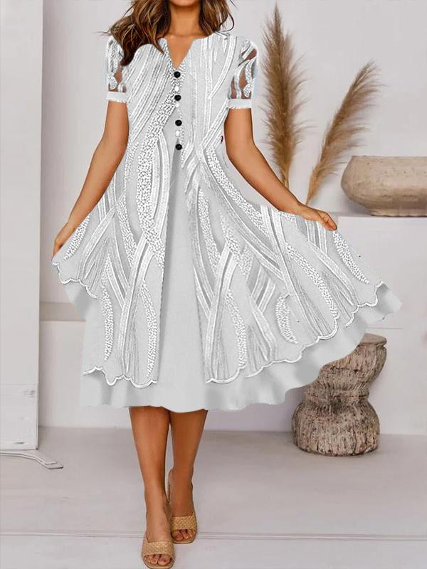 Alkalmi retro mintás V nyakú gombos rövid ujjú midi ruha