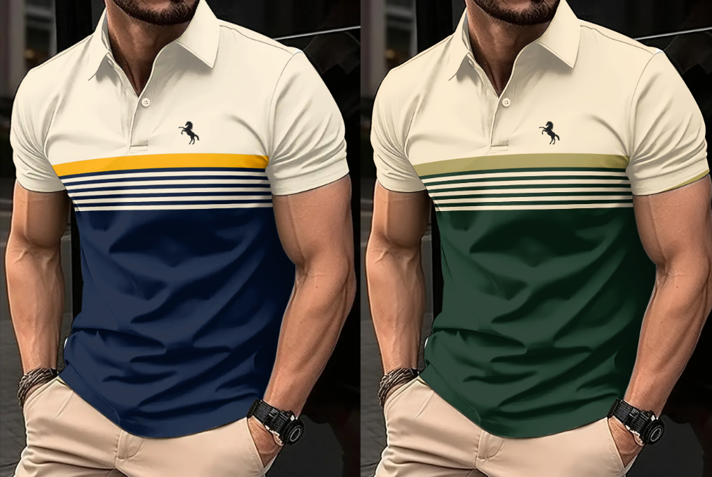 2 csomagos férfi hétköznapi rövid ujjú pólóingek, 3D lómintás, színes csíkok, sportos stílus, könnyű poliészter szövet, gombolható golfpóló