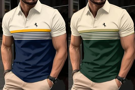 2 csomagos férfi hétköznapi rövid ujjú pólóingek, 3D lómintás, színes csíkok, sportos stílus, könnyű poliészter szövet, gombolható golfpóló