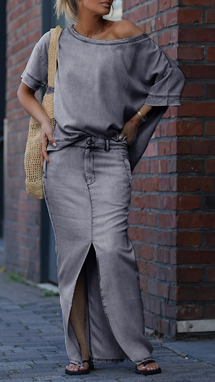 Női lezser kerek nyakú kosztüm Tencel farmerből