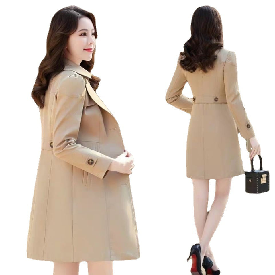 Új, kétsoros, középhosszú, szélálló női kabát térd felett karcsú szabással