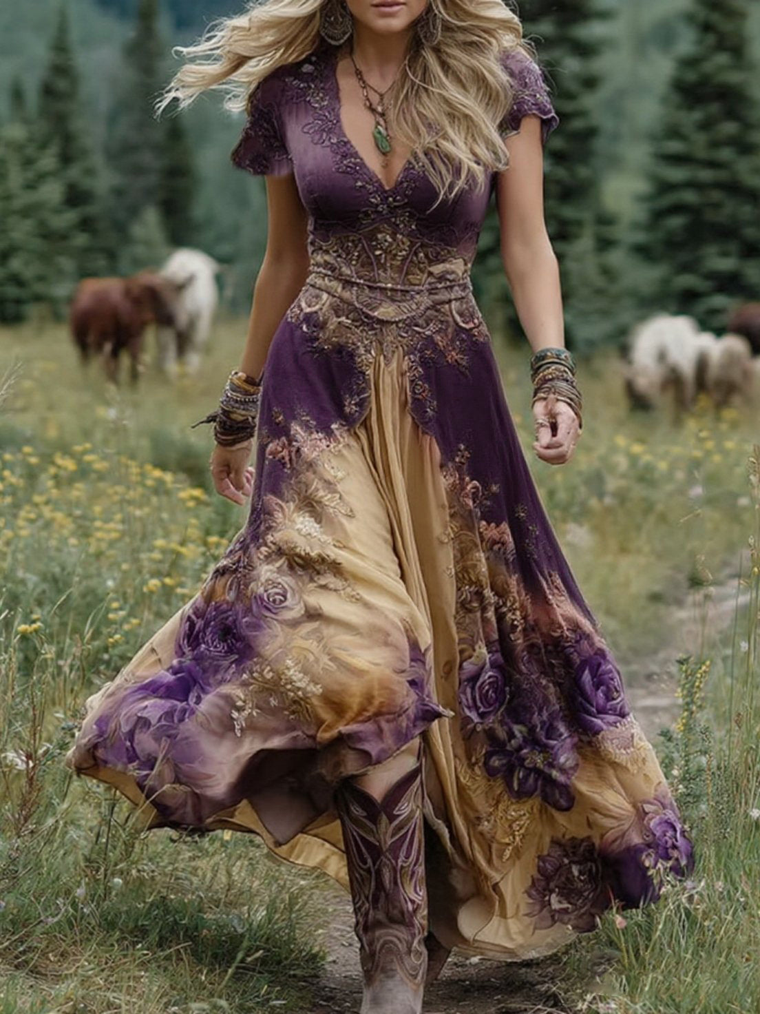 Elegáns, rövid maxi ruha lila és levendula árnyalatokban, virágmintával