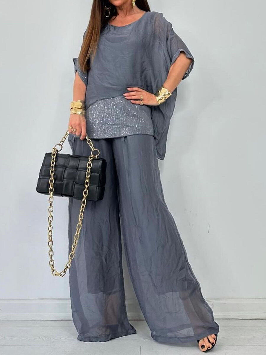 [S-3XL] 2024 Új nyári sifon legénységi nyakú rövid ujjú varrott nadrág alkalmi szett