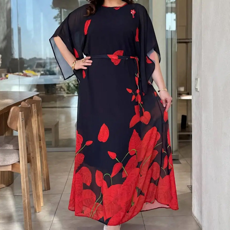 👗 Lengzős, kerek nyakú, öves ruha 🌸 | Virágminta | Állítható sziluett