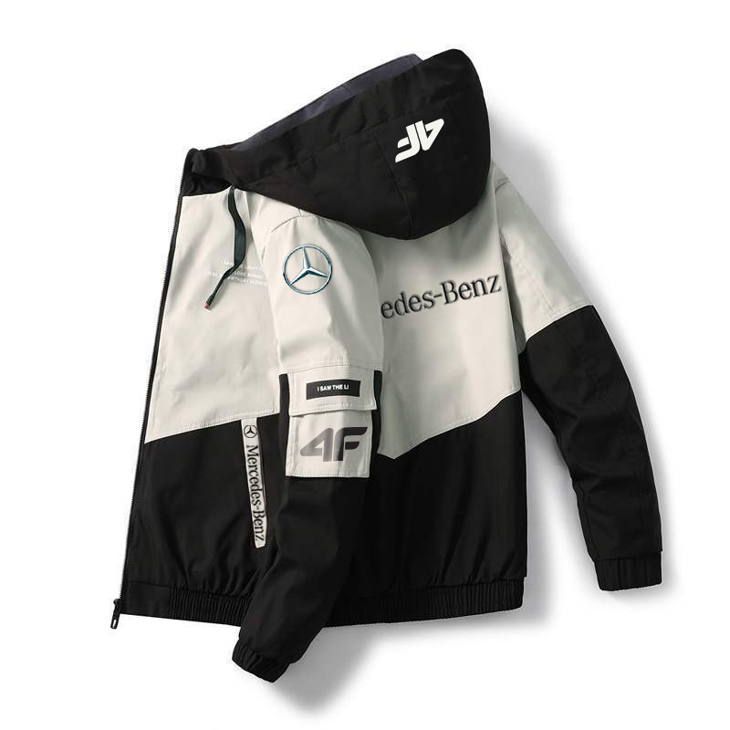 The jacket, produced in collaboration with 4f and Mercedes-Benz, is lightweight, windproof and waterproof.