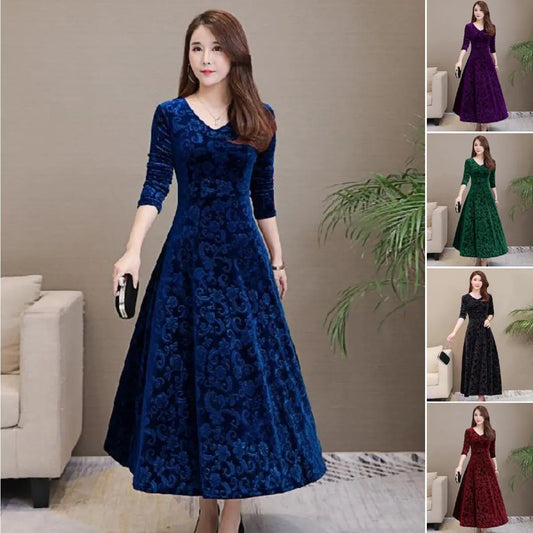 ✨️【M-4XL】Őszi téli új stílusú divat plusz méretű elegáns arany bársony meleg hosszú ujjú ruha