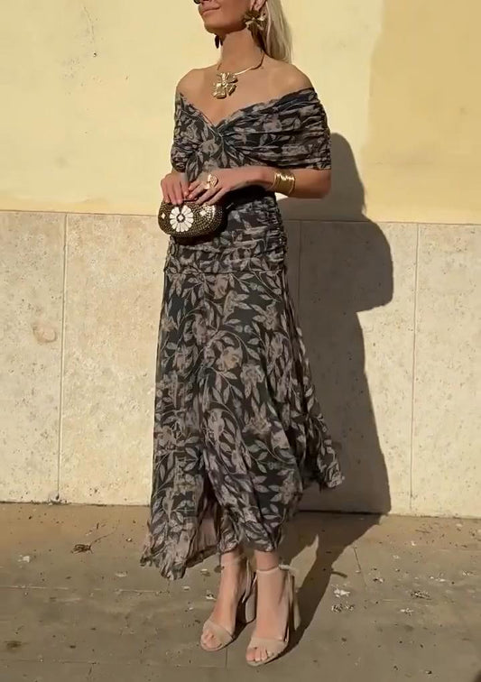 Női, váll nélküli, V-nyakú, mintás ruha