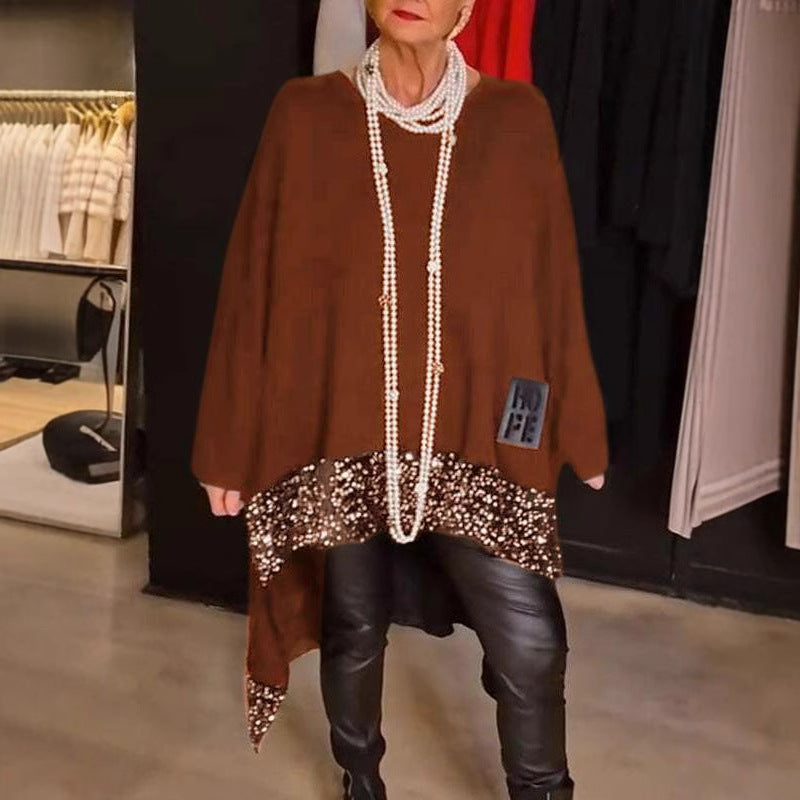 Női felső flitterekkel és kerek nyakkivágással