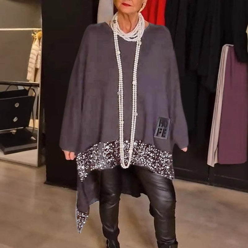 Női felső flitterekkel és kerek nyakkivágással