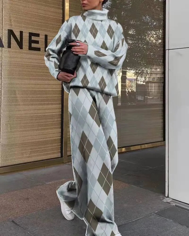 2022 őszi tél új divatos nyomott magas nyakú, széles szárú nadrág, hosszú ujjú, kétrészes szett