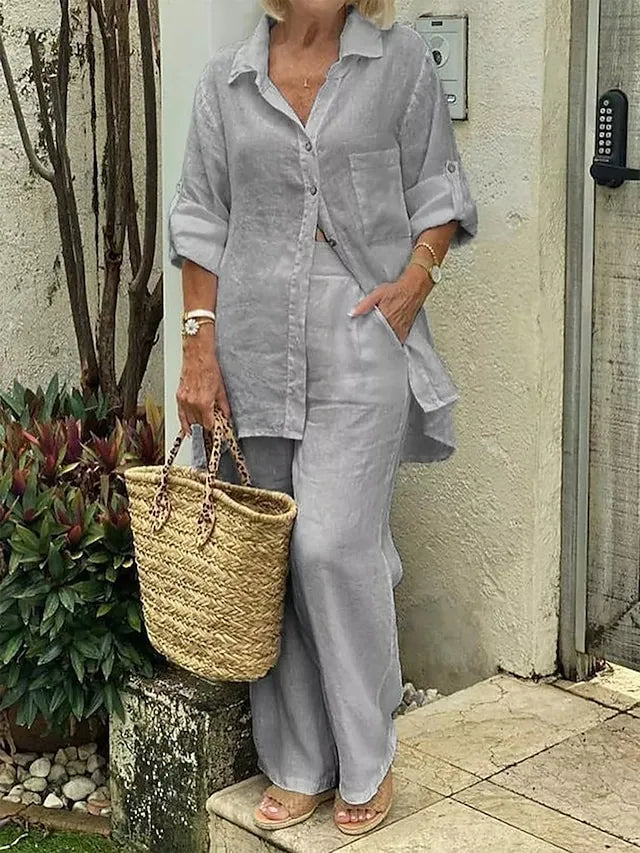 Egyszínű hajtókás ing, pamut és len felső és S-5XL nadrág