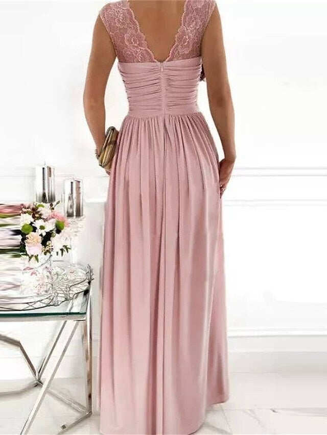 Női fekete báli ruha parti ruha csipke fodros V nyakú