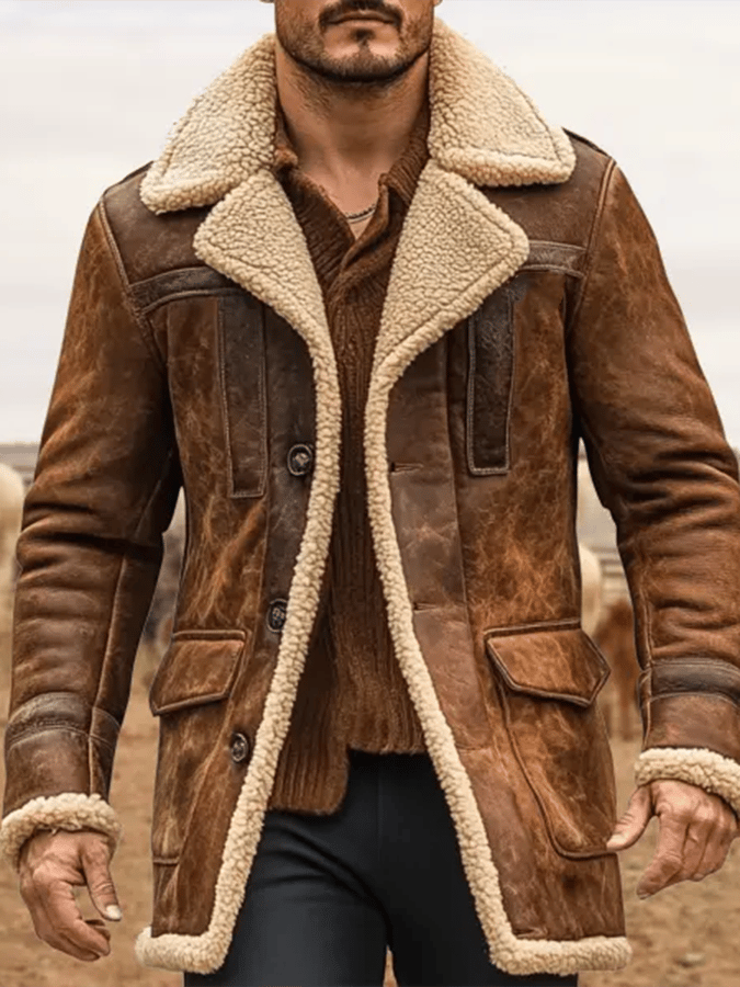 Férfi Vintage velúr patchwork plüss, többzsebű, fordított galléros kültéri kabát