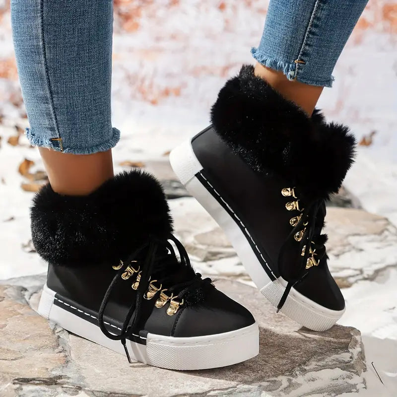 Trwałe, grube futrzowe, losowane, izolowane czerwono-syntetyczne, sznurkowe koronkowe buty śniegu zimowe