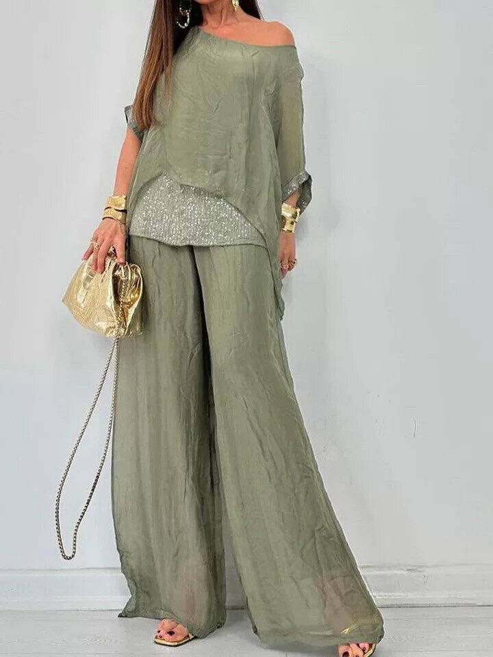 [S-3XL] 2024 Új nyári sifon legénységi nyakú rövid ujjú varrott nadrág alkalmi szett