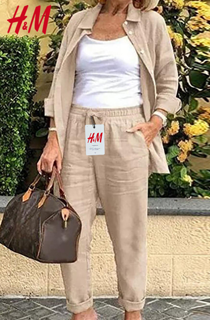 2025-ös női pamutvászon hosszú ujjú blúz és nadrág