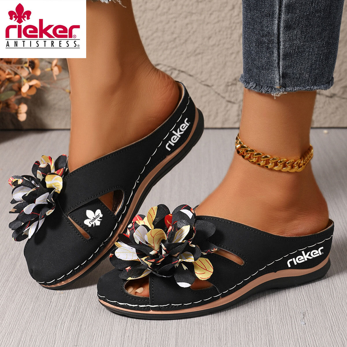 RIEKER@2025 új virágos ék alakú masszázsszandál