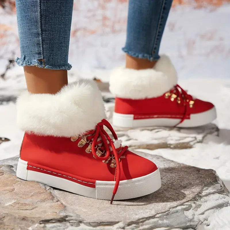 Trwałe, grube futrzowe, losowane, izolowane czerwono-syntetyczne, sznurkowe koronkowe buty śniegu zimowe
