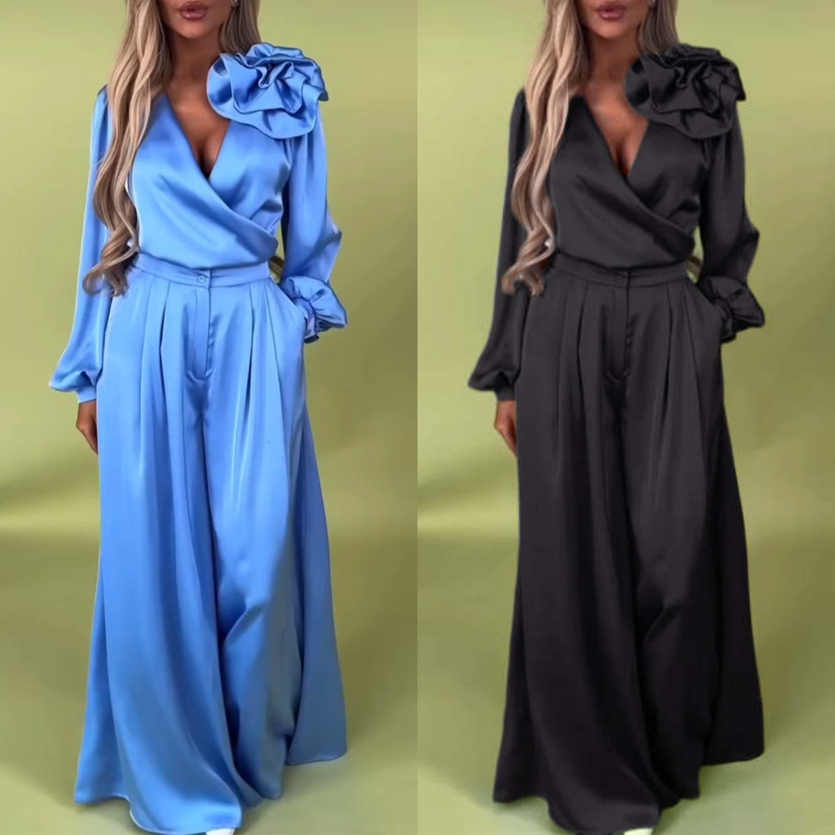 2 részes szett V-nyakú felső és széles szárú női nadrág