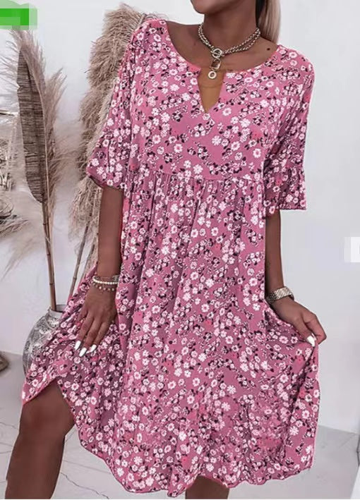 2023-as nyári divat nyomott virágos V nyakú ruha