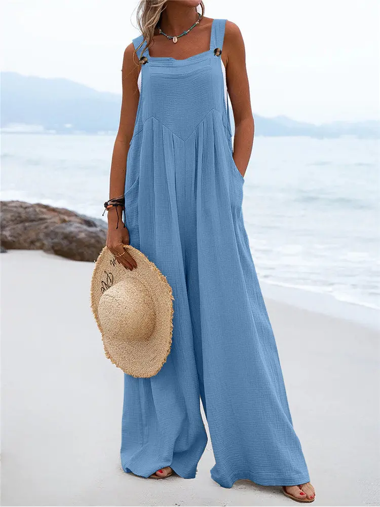 【S-2XL】 Nyári új, egyszínű gombos harisnyakötő széles szárú nadrág