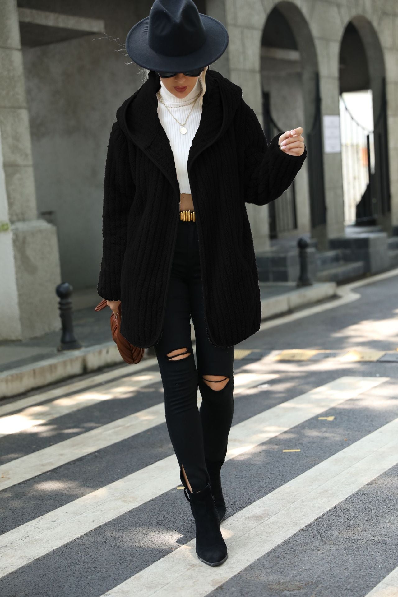 2023 őszi-téli új, széles kapucnis kétoldalas bársony kardigán gomb nélkül