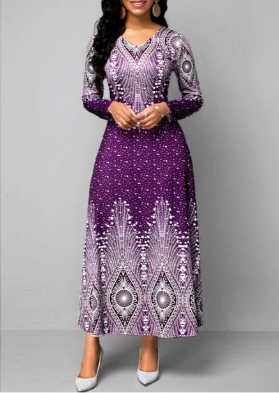 [S~5XL] 2023-as retro nyomtatású, hosszú ujjú, kerek nyakú ruha, V-nyakú