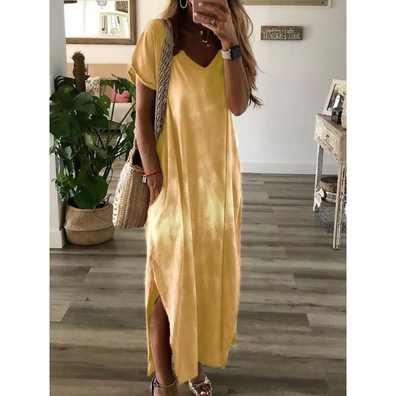 Nyomtatott V-nyakú, rövid ujjú alkalmi ruha