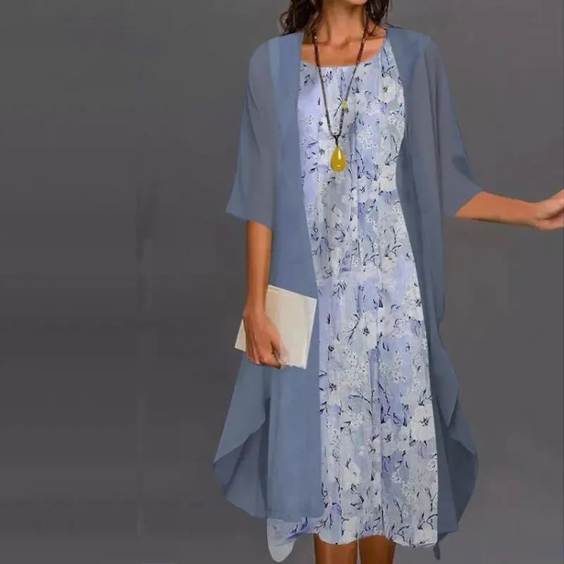 Rövid ujjú, nyomtatott sifon kétrészes ruha