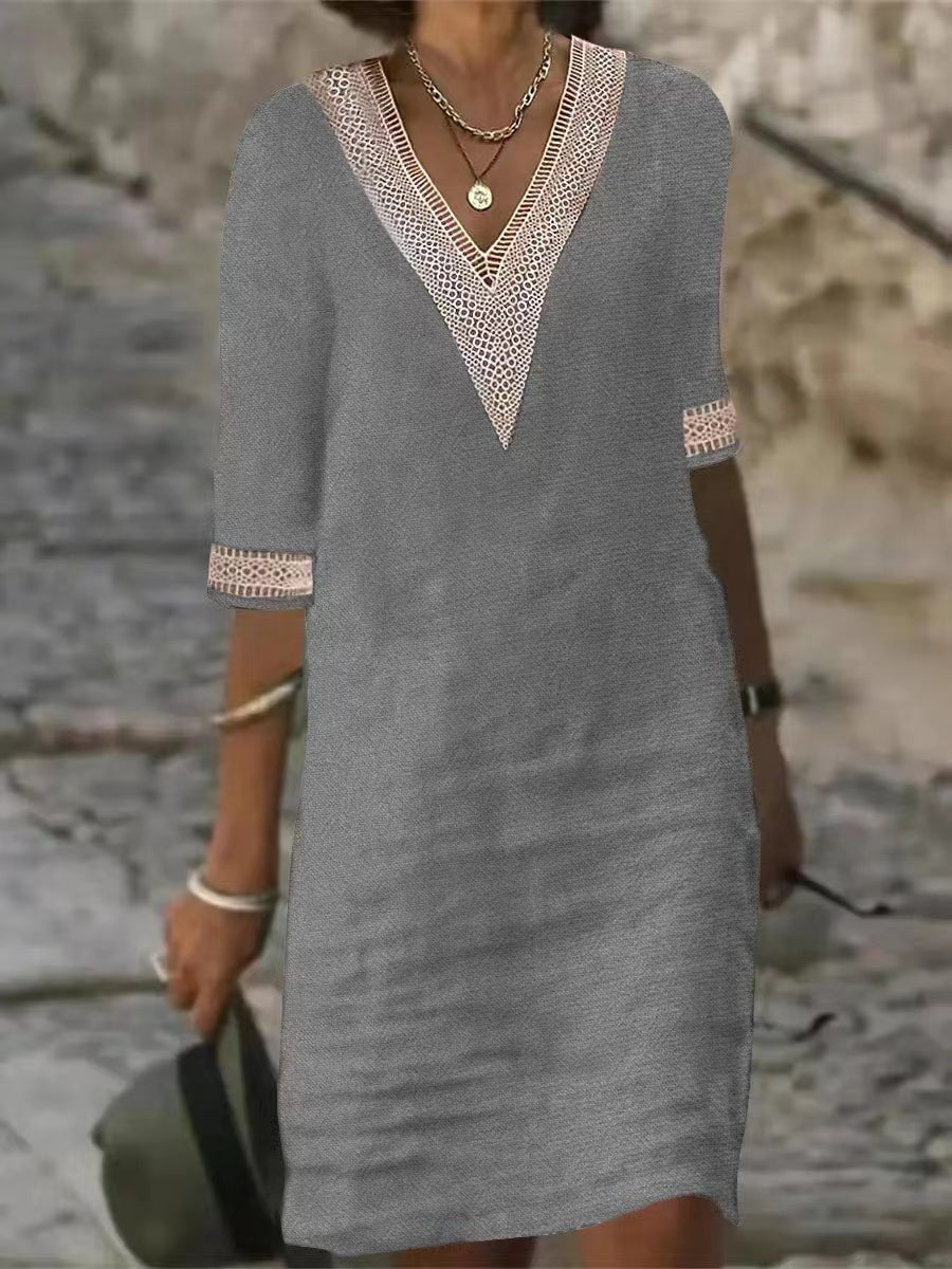 2023-as új csipke, V nyakú vászonruha