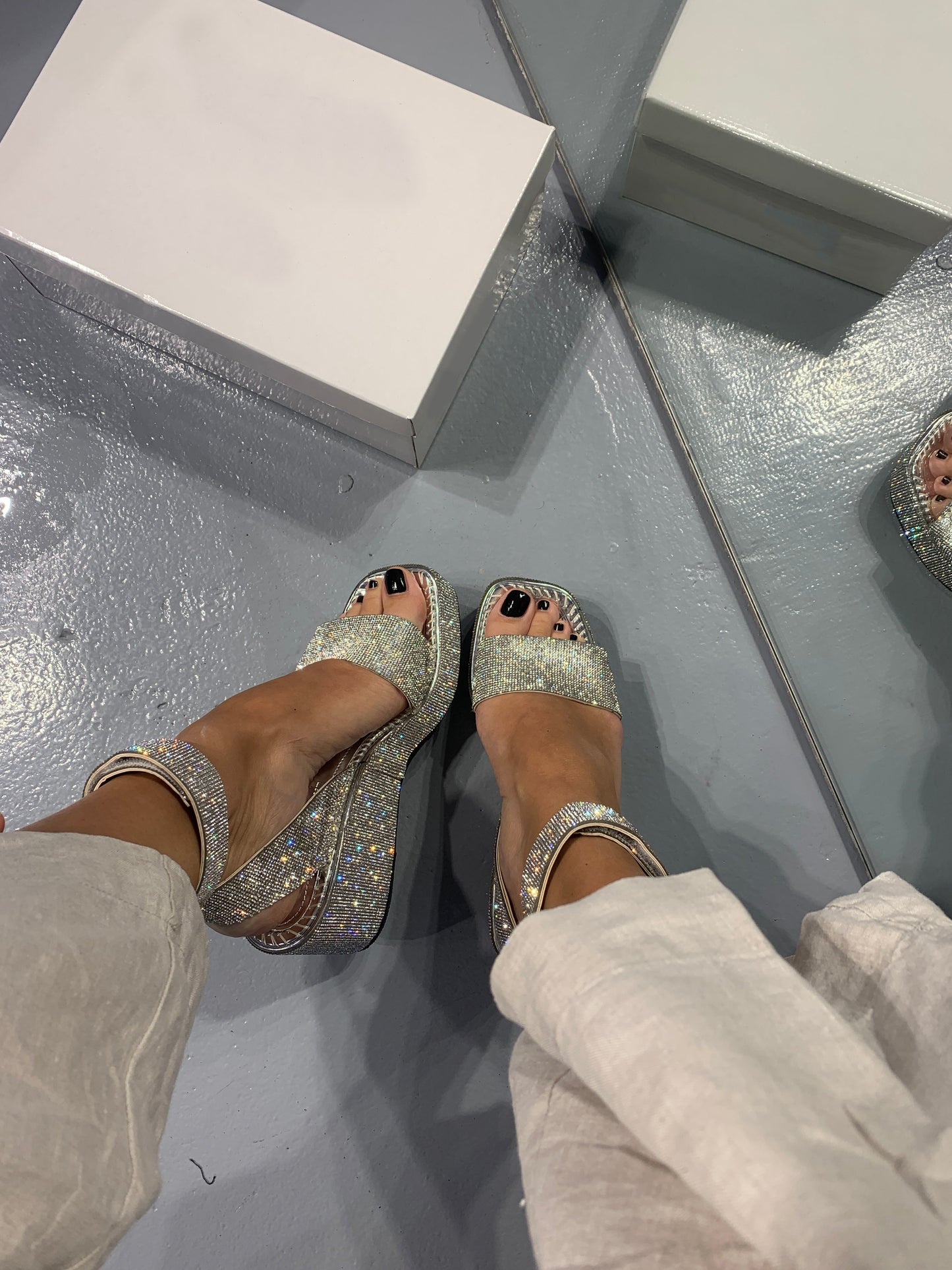 Silver Sequin Strap Platform Sandals
