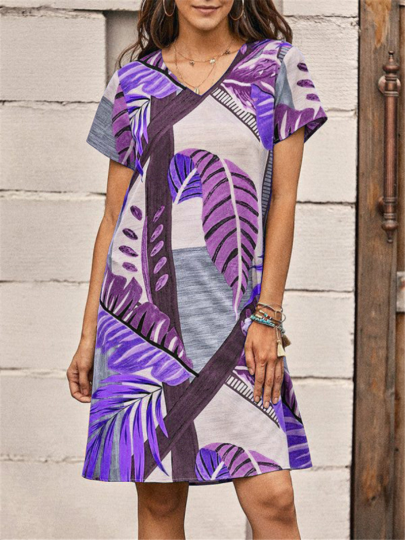 Új női mintás alkalmi rövid ujjú, V-nyakú ruha