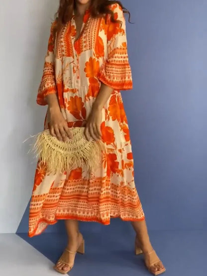 Divatos, modern virágmintás ünnepi napi nyomtatott ruha V-nyakú, 3/4 ujjú