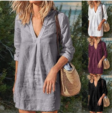 Divatos, közepes hosszúságú lezser vászon pamut ruha