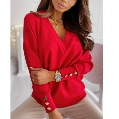 2023-as gombos mandzsettával díszített, nyakú, hosszú ujjú alkalmi pulóver