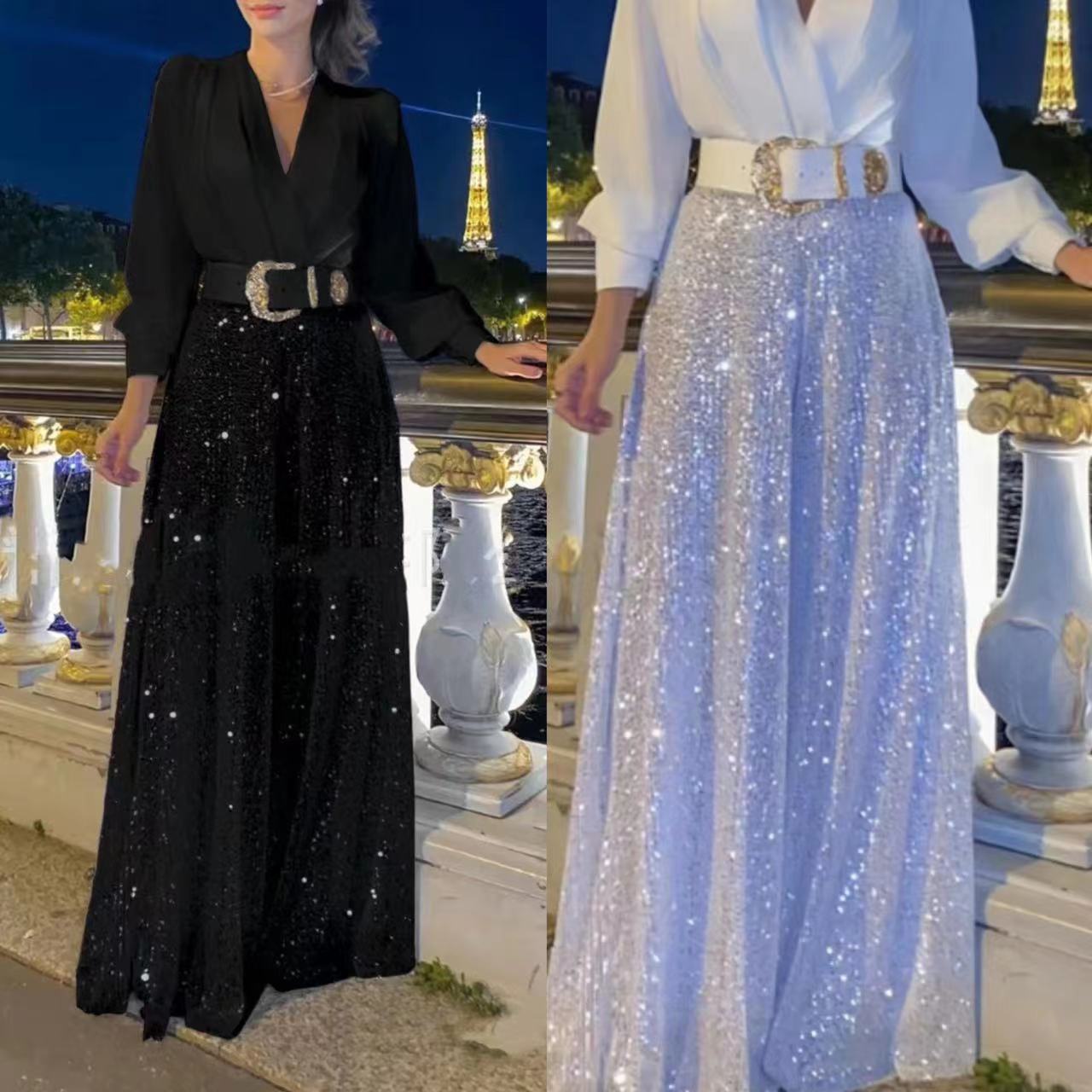 Új divatos V-nyakú, hosszú ujjú flitteres ing, széles szárú nadrág, kétrészes szett