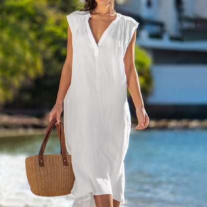 V-nyakú bő pamutvászon ujjatlan ruha
