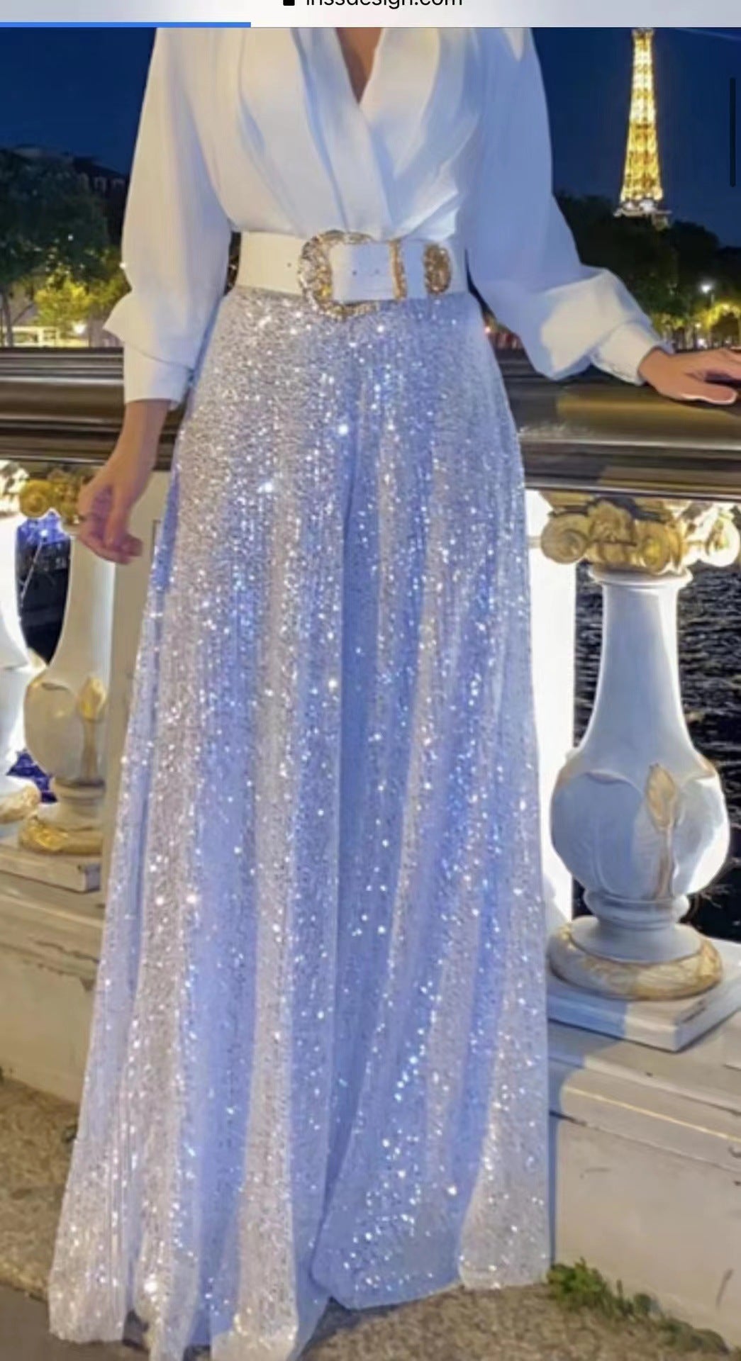 Új divatos V-nyakú, hosszú ujjú flitteres ing, széles szárú nadrág, kétrészes szett