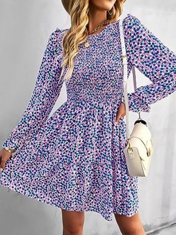 Virágos bohém elegáns ruha, hosszú ujjal