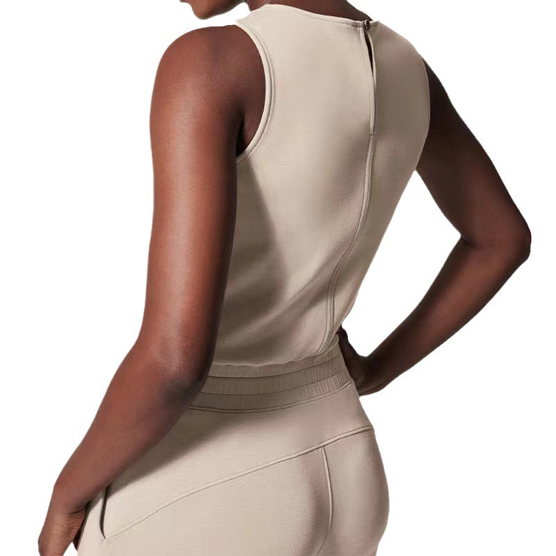 2023 novo verão cor sólida macacão elástico sem mangas para amarrar