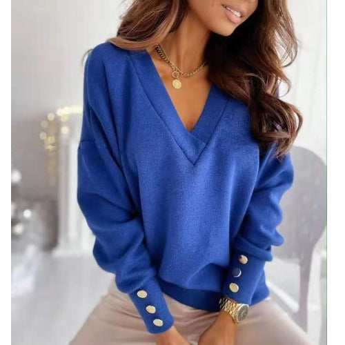 2023-as gombos mandzsettával díszített, nyakú, hosszú ujjú alkalmi pulóver