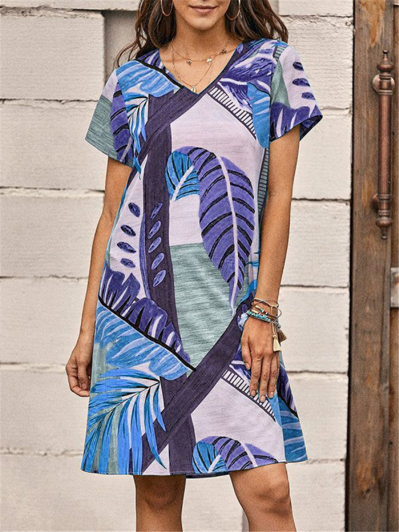 Új női mintás alkalmi rövid ujjú, V-nyakú ruha