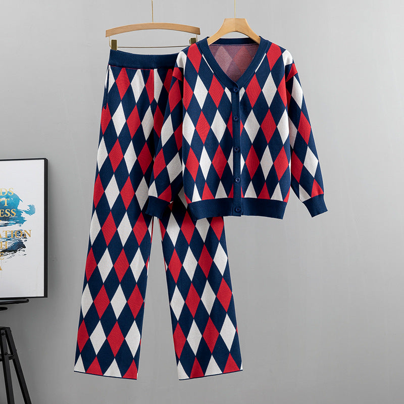 Női őszi kockás alkalmi kötött kardigán és nadrág kétrészes szett