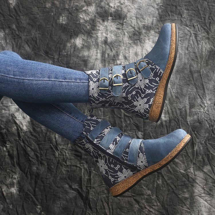 Női vintage mintás meleg vízálló bőrcsizma